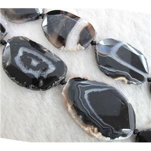 black agate beads, faceted slab, freeform, approx 20-55mm, 6-8pcs per st
