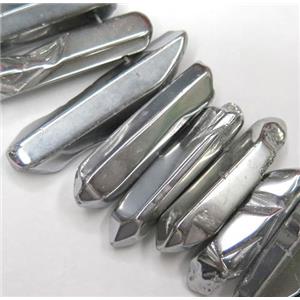 Clear Quartz Bead, stick, silver electroplated, polished, approx 20-45mm