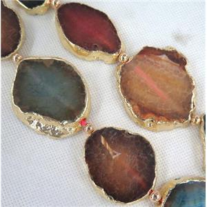 agate slab beads, freeform, gold plated, mixed color, approx 15-50mm, 5pcs per st.