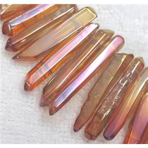 polished clear quartz stick beads, red electroplated, approx 20-50mm