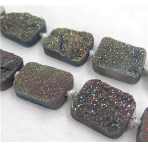 druzy quartz beads, rectangle, rainbow electroplated, approx 17x22mm