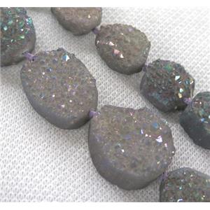 druzy quartz bead, freeform, gray rainbow electorplated, approx 12-25mm