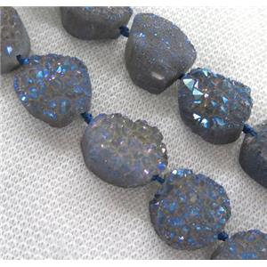 druzy quartz bead, freeform, gray blue electroplated, approx 12-25mm