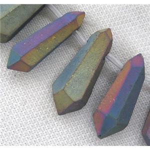 matte Clear Quartz Bullet Beads, top-drilled, rainbow electroplated, approx 20-40mm