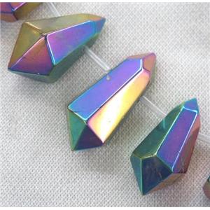 Clear Quartz Bullet Beads, top-drilled, rainbow electroplated, approx 20-40mm