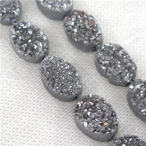 silver druzy quartz beads, oval, approx 13x18mm, 11pcs per st