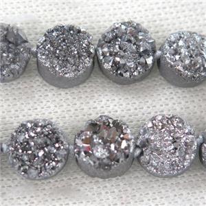 silver druzy quartz bead, flat-round, approx 12mm dia, 16pcs per st