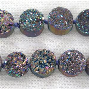 rainbow druzy quartz beads, flat-round, approx 12mm dia, 16pcs per st