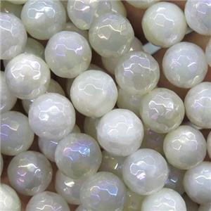 faceted round White MoonStone beads with AB-color electroplated, approx 12mm dia