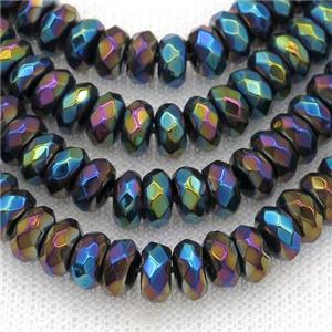 black Onyx agate beads, faceted rondelle, rainbow electroplated, approx 5x8mm