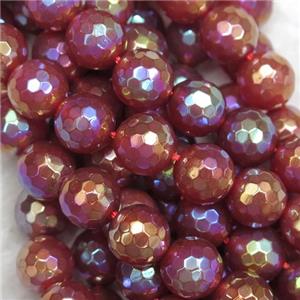faceted round Red Carnelian Agate beads, AB color plated, approx 6mm dia