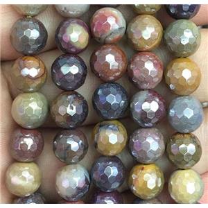 faceted round Mookaite beads, light electroplated, approx 10mm dia