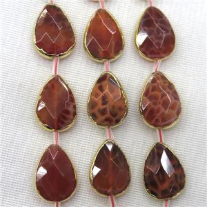 ruby fire agate beads, faceted teardrop, gold plated, approx 13x18mm