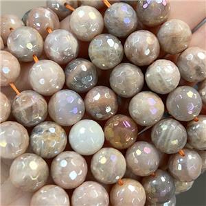 faceted round peach SunStone beads, B-grade, AB-color electroplated, approx 6mm dia