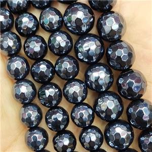 black agate beads, faceted round, light electroplated, approx 8mm dia