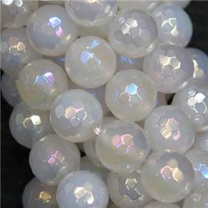 faceted round White Agate Beads with AB-color electroplated, approx 12mm dia