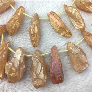 crystal quartz stick beads, freeform, goldchampagne electroplated, approx 12-40mm