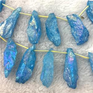crystal quartz stick beads, freeform, blue electroplated, approx 12-40mm