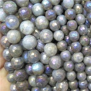 Labradorite beads, faceted round, AB color electroplated, approx 4mm dia
