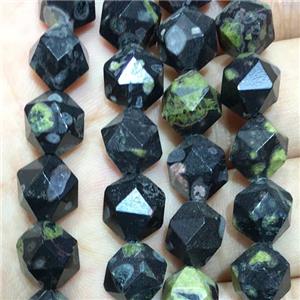 green spoted Jasper beads, faceted round, approx 10mm dia