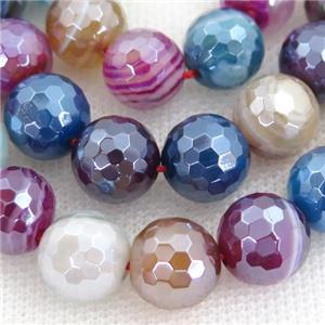 Natural Stripe Agate Beads Banded Mix Color Dye Faceted Round Light Electroplated, approx 12mm dia