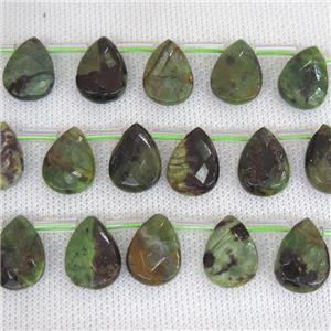green Opal Jasper beads, faceted teardrop, top-drilled, approx 13x18mm