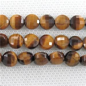 yellow Tiger eye stone beads, faceted circle, approx 8mm dia