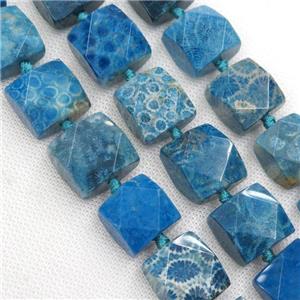 blue Coral Fossil beads, faceted square, approx 18x18mm