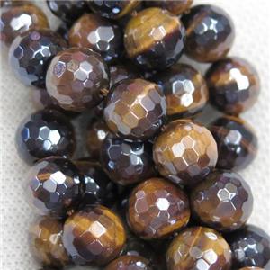 Tiger eye stone beads, faceted round, light electroplated, approx 6mm dia