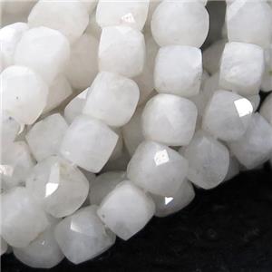 white MoonStone Beads, faceted cube, approx 4mm