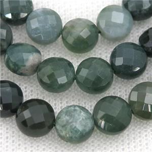 green Moss Agate Beads, faceted coin, approx 8mm dia