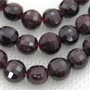Garnet Beads, faceted coin, approx 7mm dia
