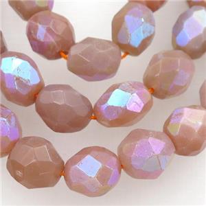 peach MoonStone beads, faceted rice, AB-color electroplated, approx 13-18mm