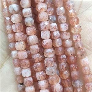 gold Sunstone Beads, faceted cube, approx 4mm