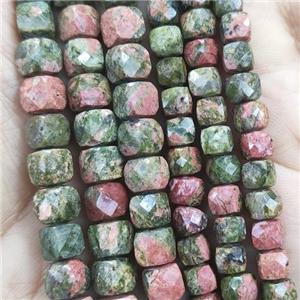 Unakite Beads, faceted cube, approx 6.5mm