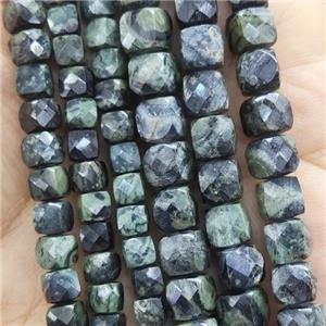 green Kambaba Jasper Beads, faceted cube, approx 5mm