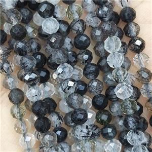 Black Rutilated Quartz Beads Faceted Round, approx 4mm dia