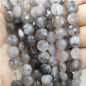Natural Rutilated Quartz Beads Black Faceted Circle, approx 10mm