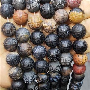 Natural Wood Petrified Jasper Beads Black Carved, approx 16mm dia
