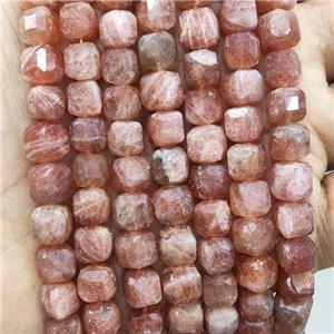 Natural Peach Sunstone Beads Golden Spot Faceted Cube, approx 7-8mm