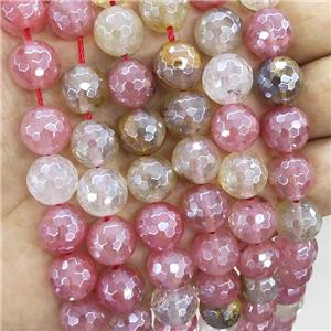Pink Synthetic Quartz Beads Faceted Round Tigerskin Electroplated, approx 12mm dia