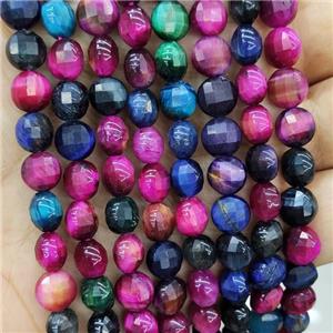 Natural Tiger Eye Stone Beads Multicolor Dye Faceted Circle, approx 8mm