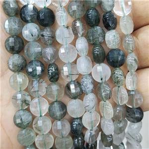 Natural Green Rutilated Quartz Beads Faceted Circle, approx 8mm