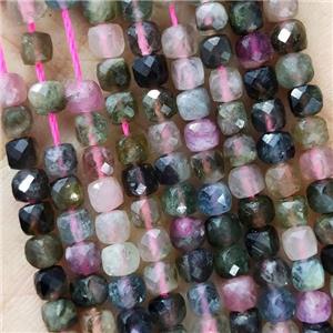 Natural Tourmaline Beads Multicolor Faceted Cube, approx 3.7-4.4mm