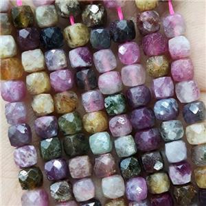 Natural Tourmaline Beads Multicolor Faceted Cube, approx 3.7-4.4mm
