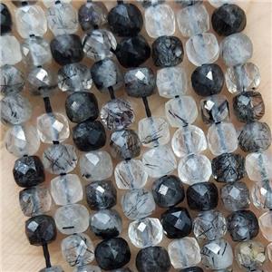 Natural Black Rutilated Quartz Beads Faceted Cube, approx 3.7-4.4mm