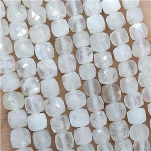 Natural White Moonstone Beads Blue Flash Faceted Cube, approx 3.7-4.4mm