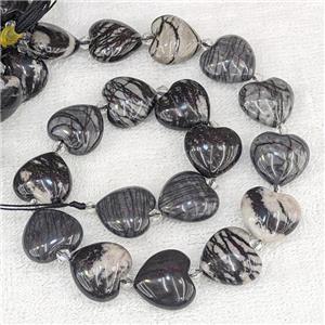 Black Silk Jasper Heart Beads, approx 20mm
