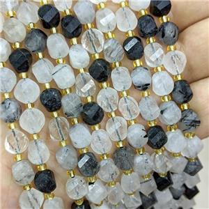 Natural Black Rutilated Quartz Twist Beads S-Shape Faceted, approx 7-8mm