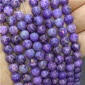 Natural Marble Round Beads Pave Gold Foil Smooth Purple Dye , approx 8mm